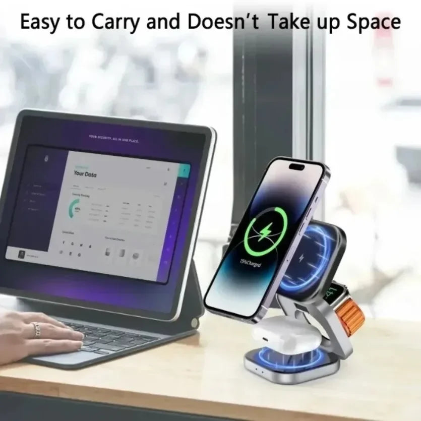 VIKEFON Magnetic Wireless Charger 3 In 1 Stand 15W Fast Charging Dock - Gadgets