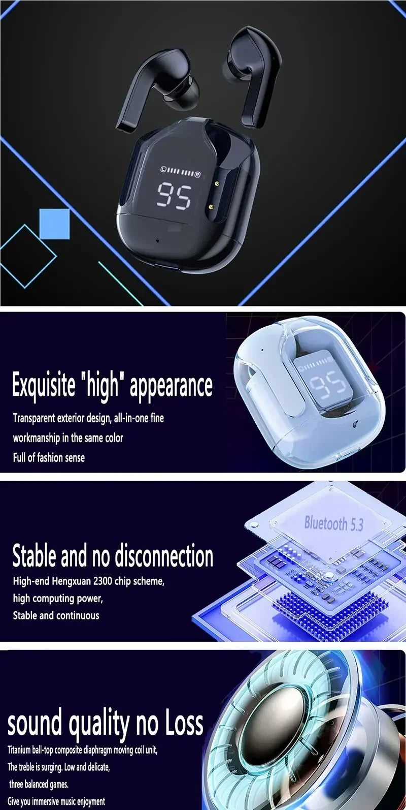 Original T2 Wireless Bluetooth Earphone Transparent HIFI Headphones LED Power Digital Display Stereo Sound Earphones for Xiaomi - Gadgets