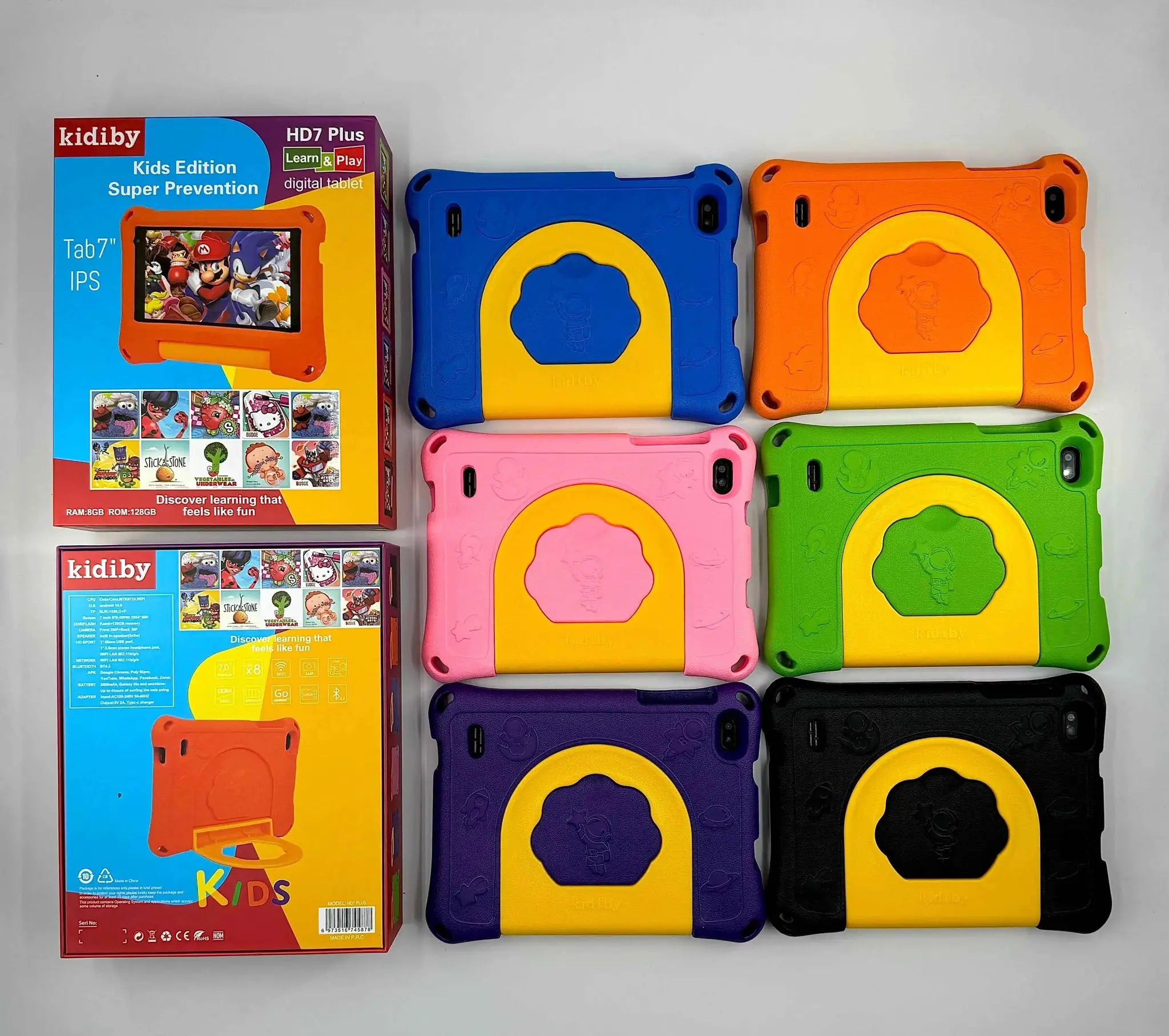 Tablets kidiby 7-inch Android kids learning tablet; colorful protective cases and boxed packaging