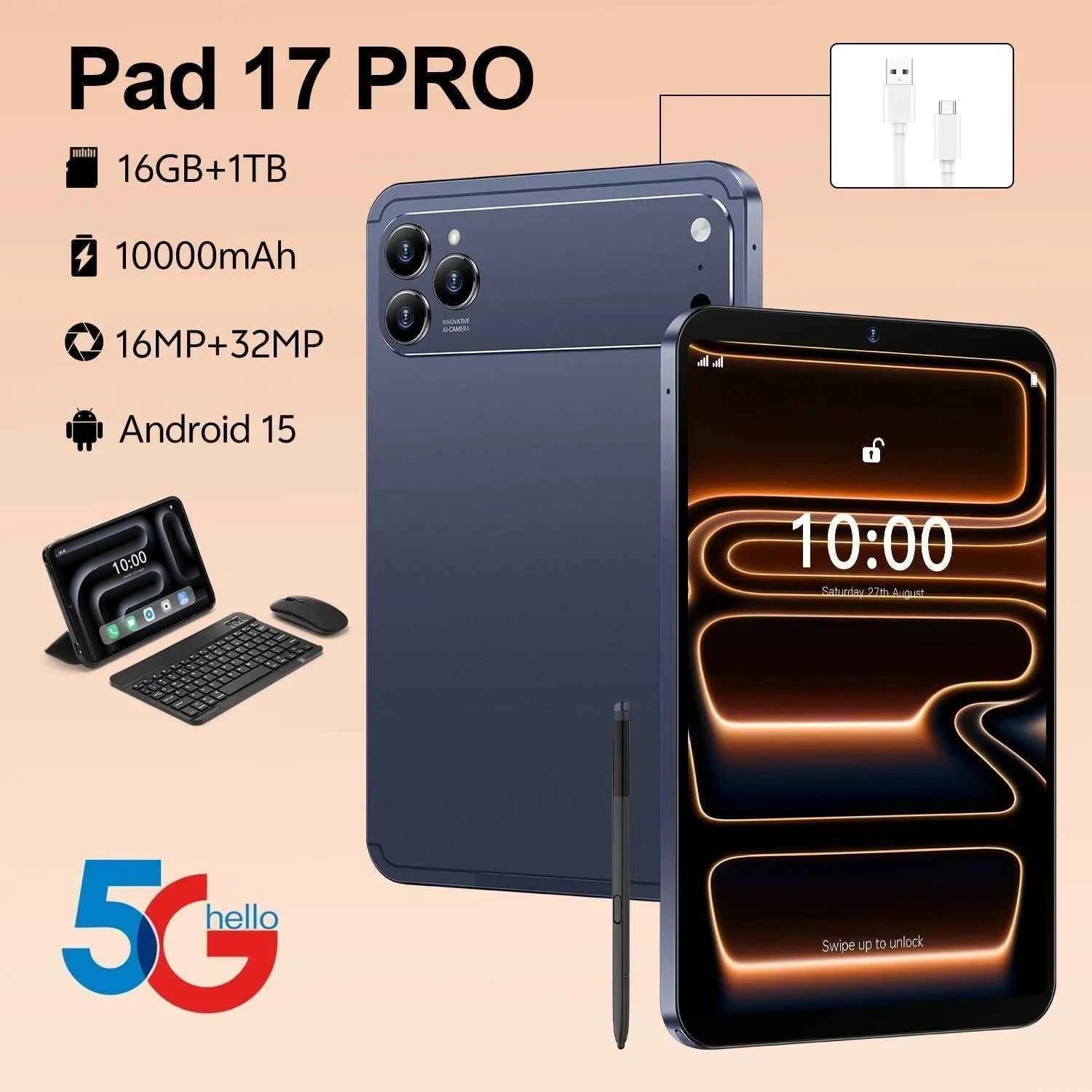 Global Version 5G Pad 17 Pro Max 10.1Inch Android Tablet 16GB+1TB 10000mAh Battery