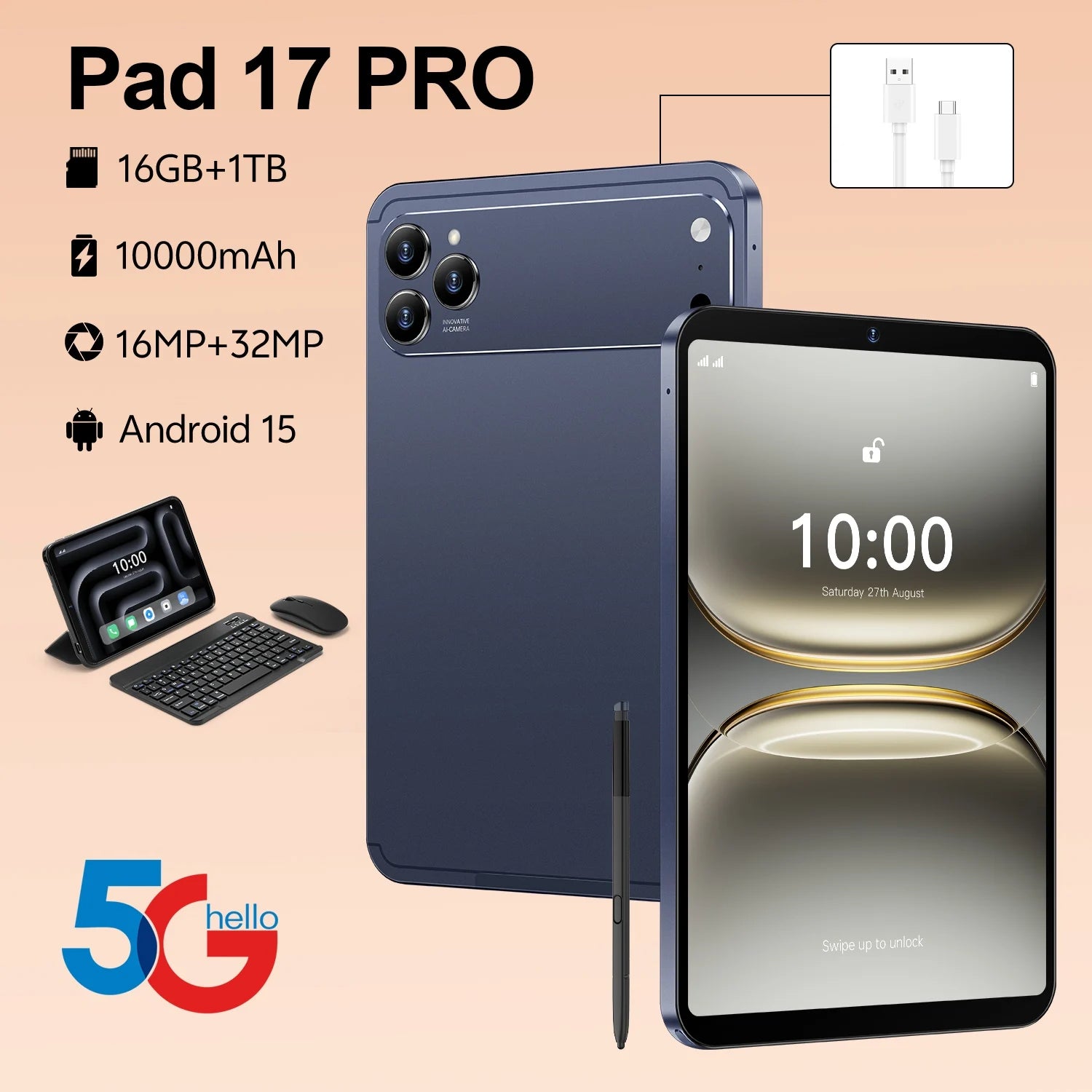 Global Version 5G Pad 17 Pro Max 10.1Inch Android Tablet 16GB+1TB 10000mAh Battery