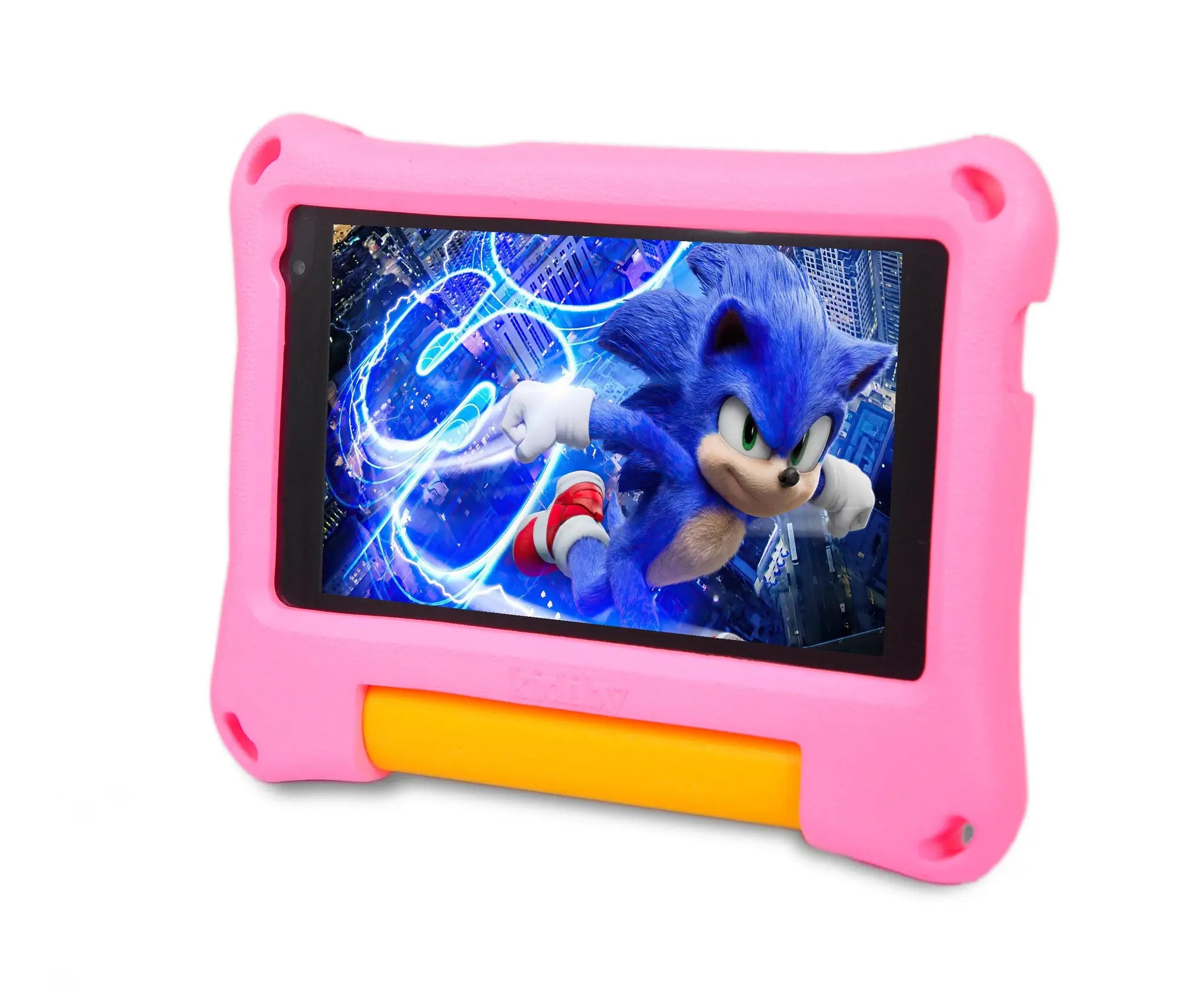 7-inch Android kids learning tablet by Technova in a pink protective case with Sonic wallpaper