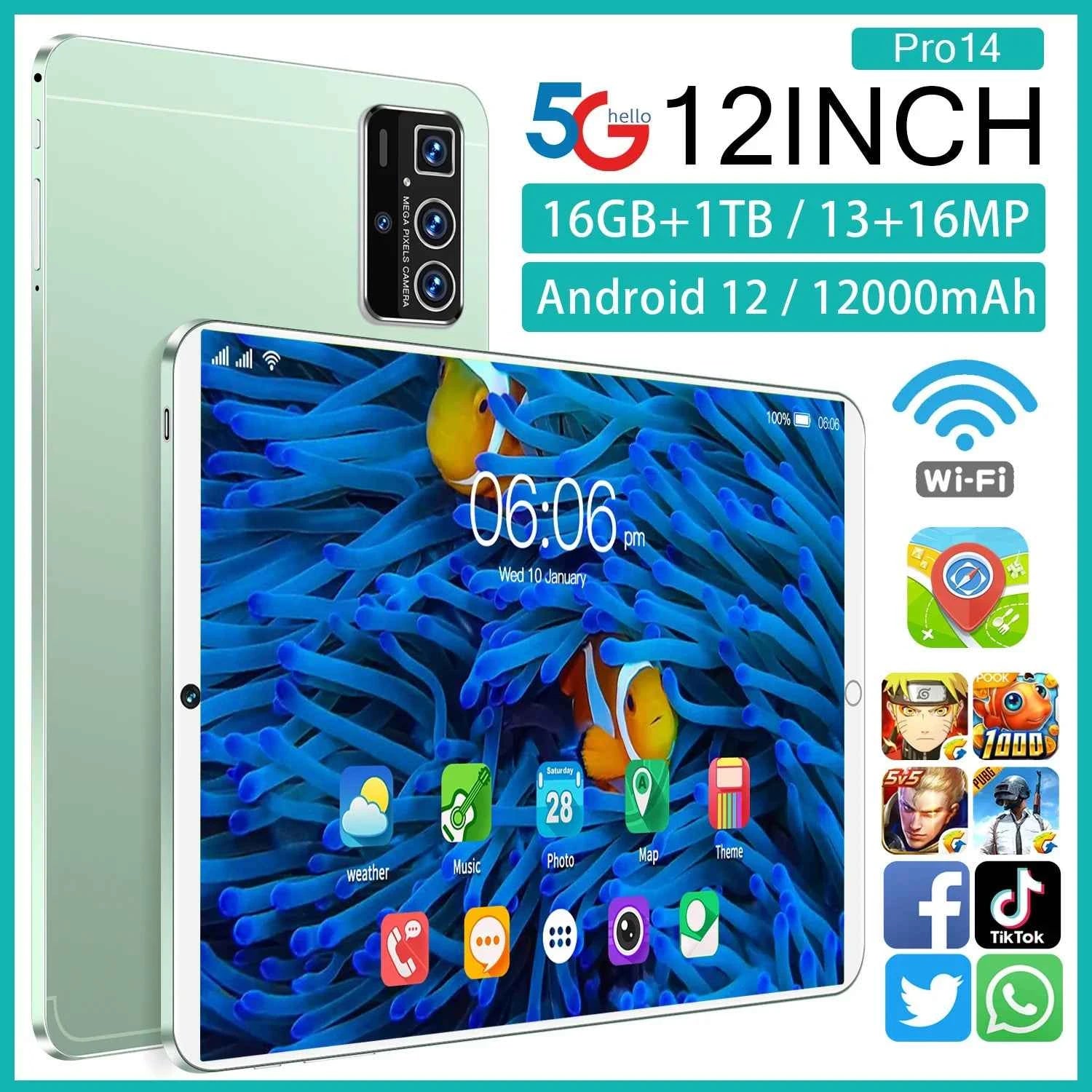 12 Inch Dual SIM Android Tablet  16GB+1TB 14 Pro Pro Branded Educational Phone Call Feature