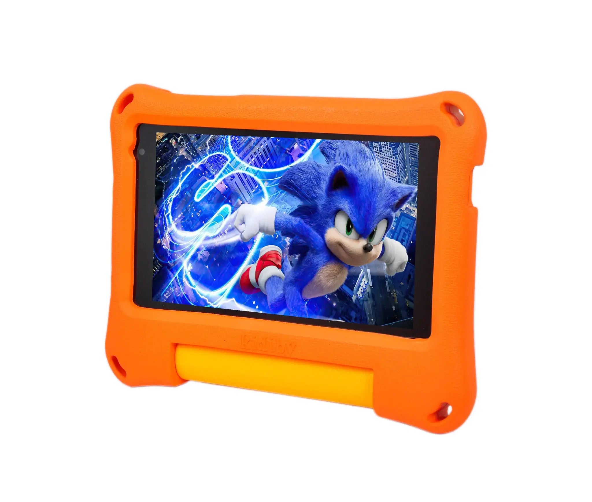 7-inch Android Kids Learning Tablet in orange rugged case; screen shows a blue hedgehog character.