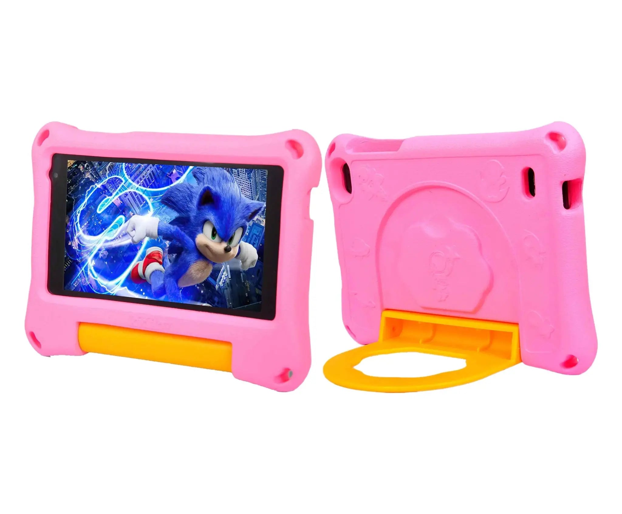 Two pink 7-inch Android kids’ learning tablets in protective cases with orange stands and yellow straps.