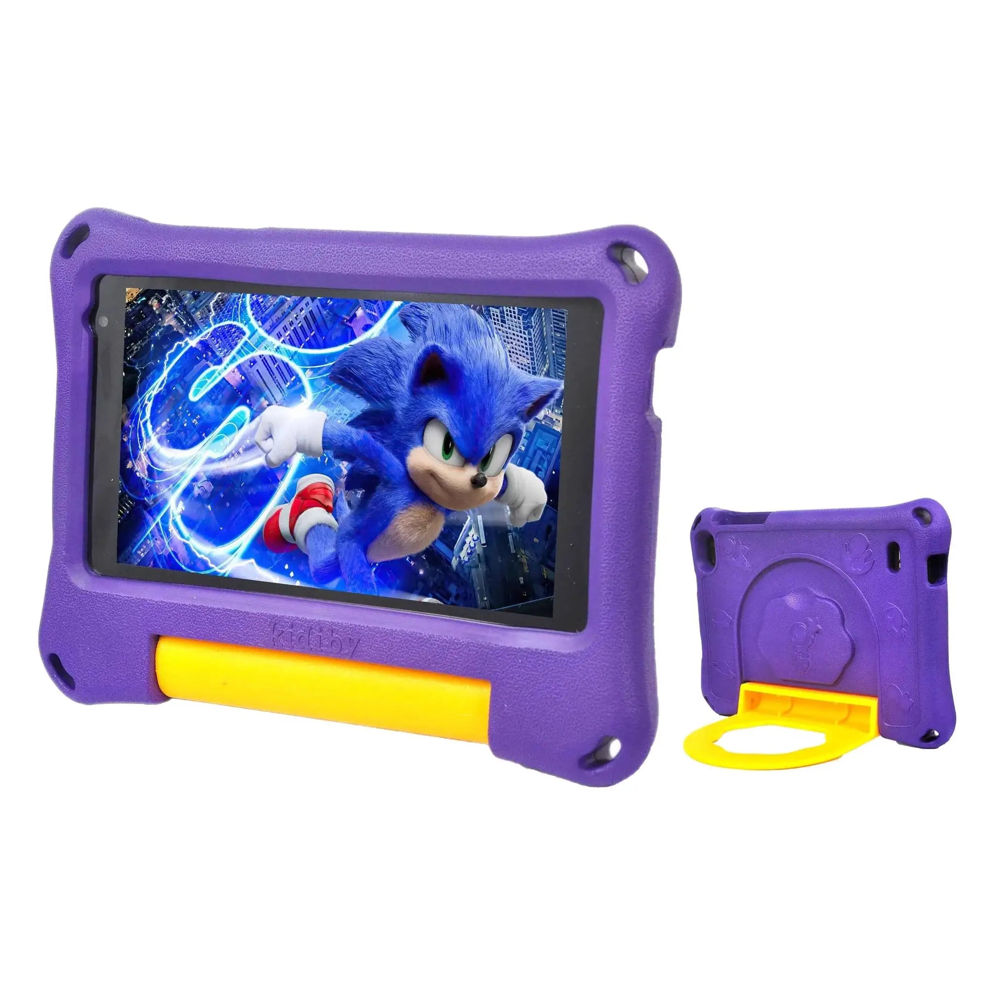 7-inch Android Kids Learning Tablet in purple rugged case with yellow stylus.