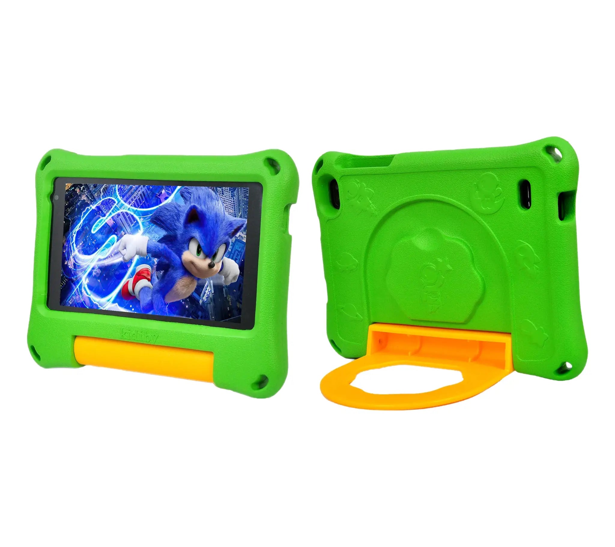 Technova 7-inch Android Kids Learning Tablet in a bright green protective case with orange stylus.