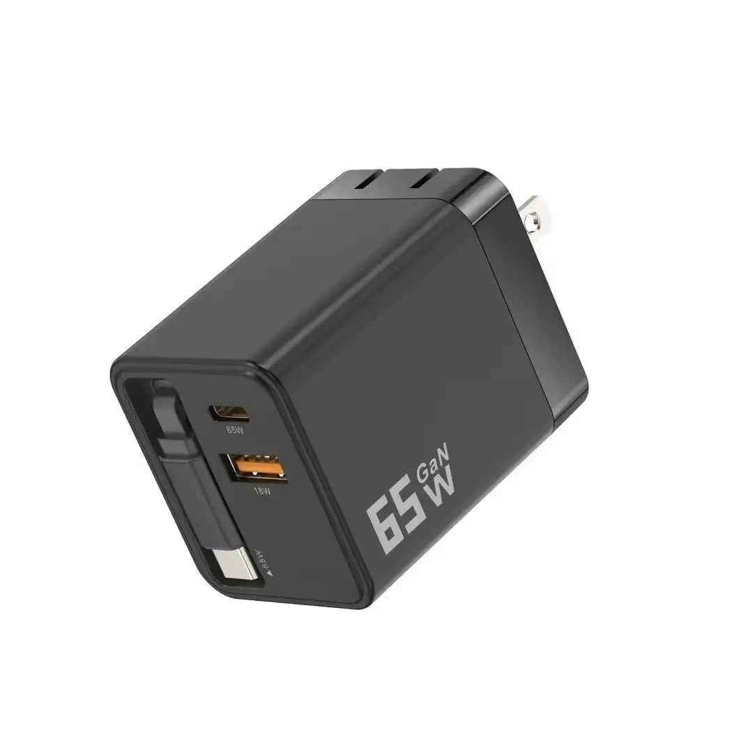 65W Gallium Nitride Charger Full Protocol Fast Charging A+C Dual-Port Retractable Cable Suitable for Apple and Huawei Fast Charging Charging Head