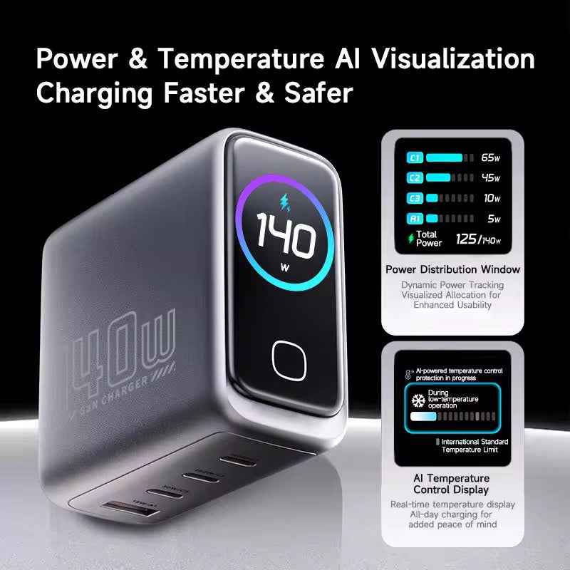 140W Smart AI Digital Display GaN Charger – 4-Port Fast Charging Hub