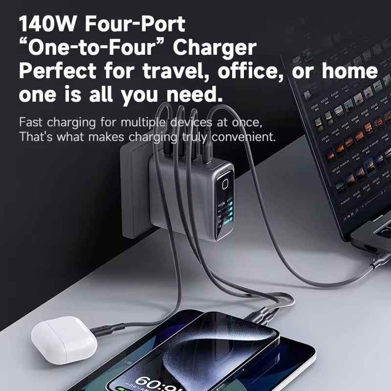 140W Smart AI Digital Display GaN Charger – 4-Port Fast Charging Hub