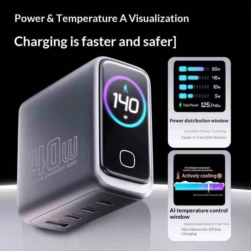 140W Smart AI Digital Display GaN Charger – 4-Port Fast Charging Hub