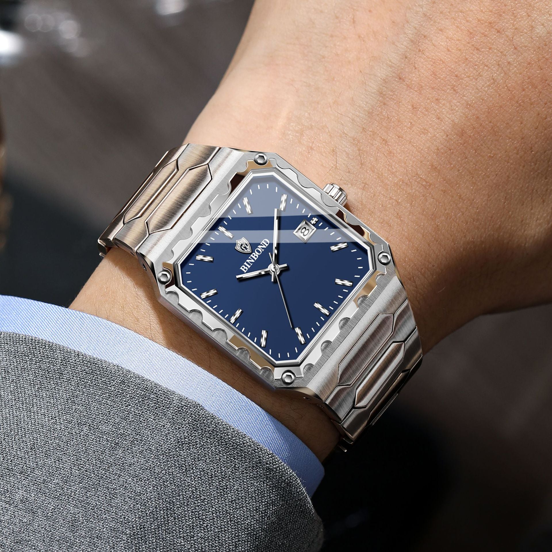 Binbang Square Men's Quartz Watch — Date Window, Steel Strap — product image 2