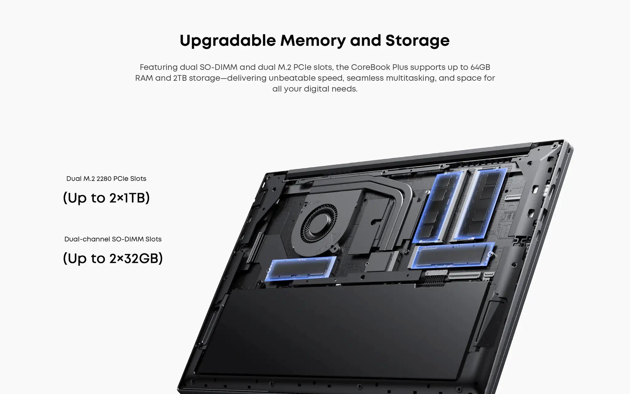 CHUWI CoreBook Plus 16-inch laptop with upgradeable RAM and storage in a black chassis.