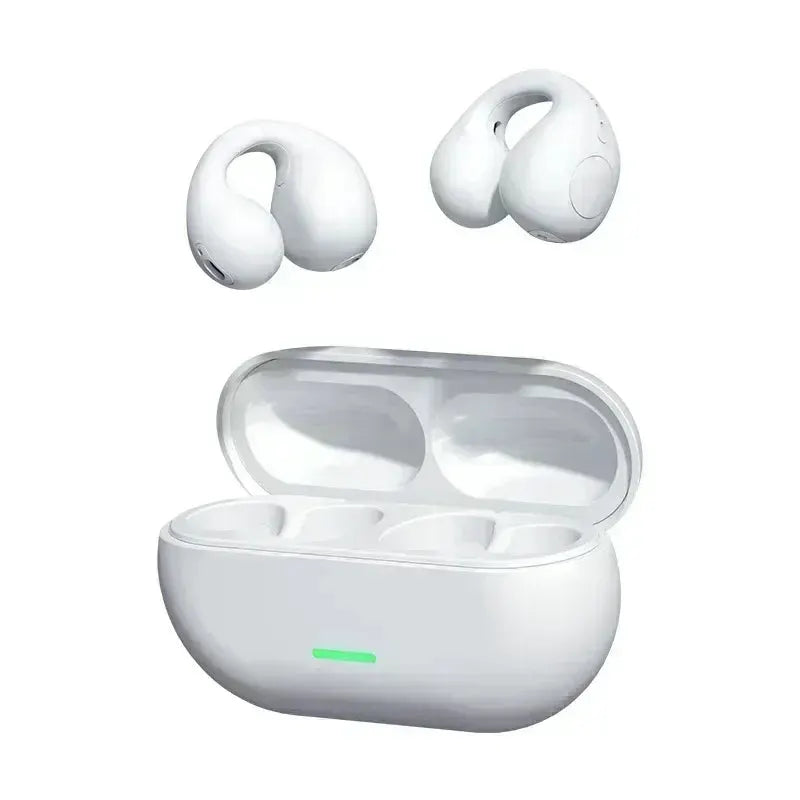 T75 Bluetooth 5.3 clip-on wireless earphones by Technova; white in-ear headphones with charging case.