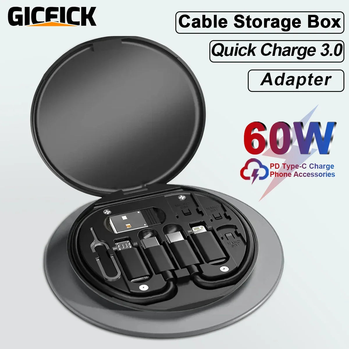 GICEICK 60W Multifunctional USB Type-C Data Cable Set with Fast Charging & Travel Storage Box