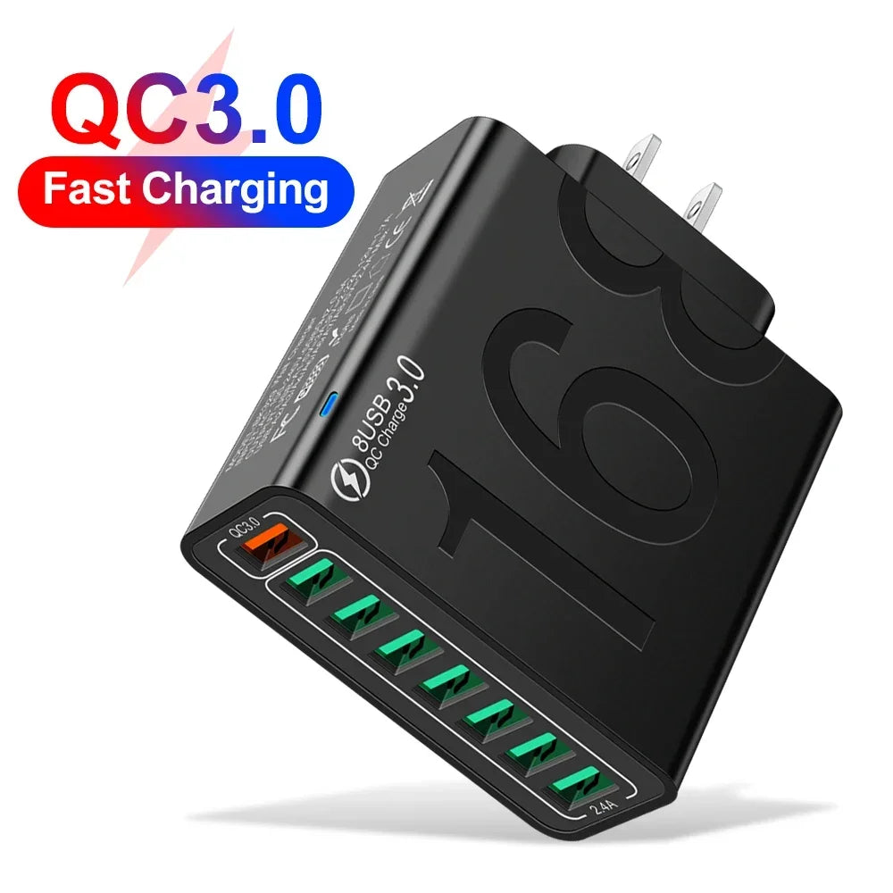 Total 150W 8 Ports USB Charger Fast Charging Phone Charger Adapter For iPhone Samsung Xiaomi 14 15 Quick Charge 3.0 Wall Charger