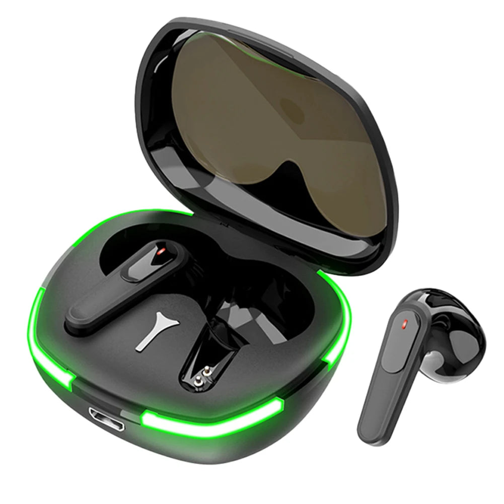 AI Translation Earbuds by Technova, in-ear headphones with green LED charging case