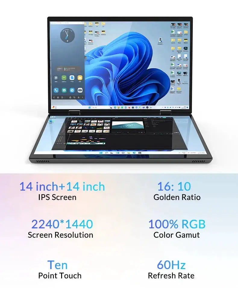 CRELANDER Dual-Screen Laptop by RY Gadgets, 14+14 inch 2K touchscreens, 2-in-1 360° flip