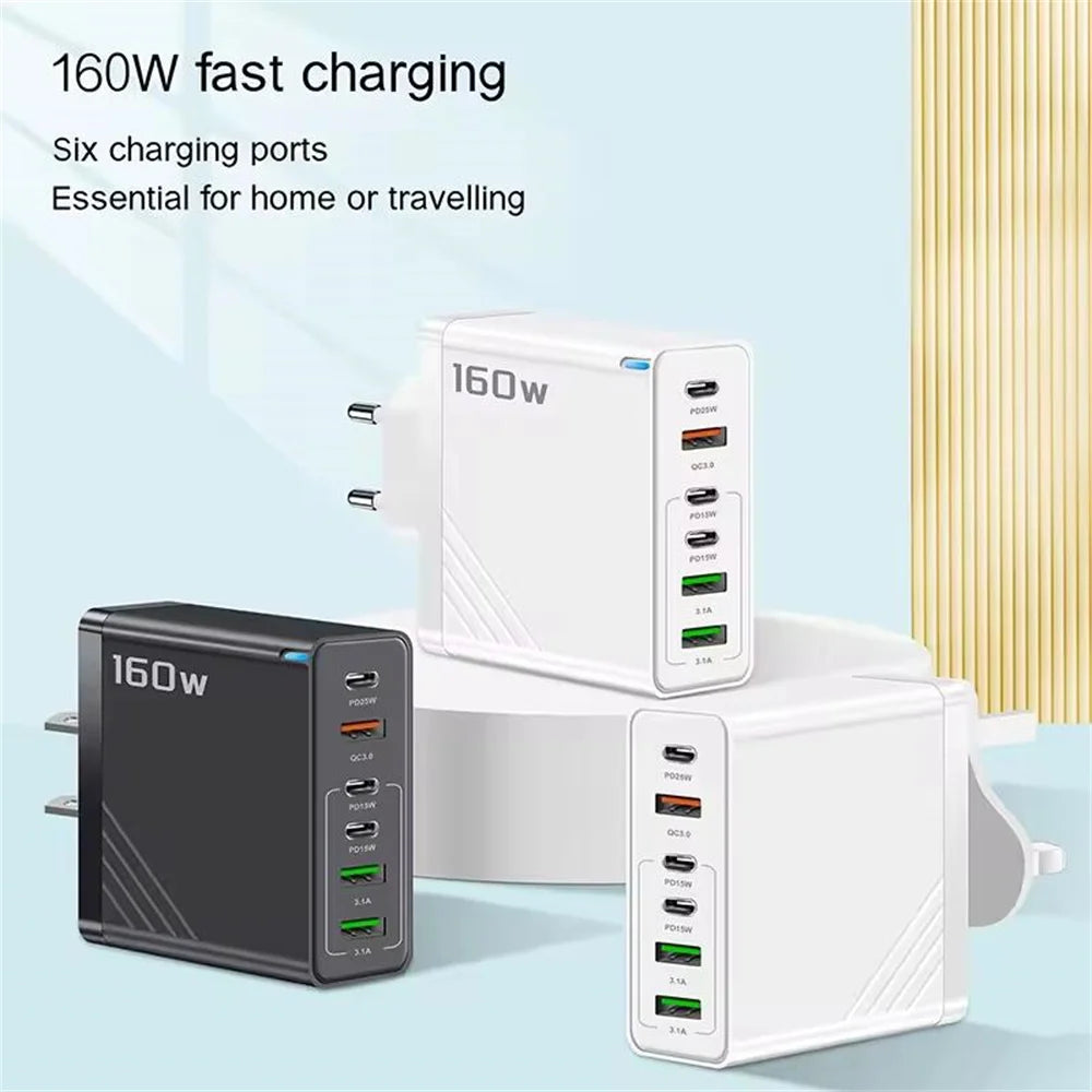 160W Multi Ports USB Charger Type C Fast Charging EU/US/UK Plug Wall Chargers 3PD 3USB Quick Charge 3.0 Universal Travel Adapter