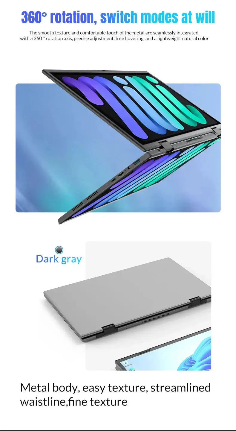 CRELANDER Dual-Screen Laptop by RY Gadgets; dark gray metal body, 14" + 14" 2K touchscreens, 2-in-1 360° flip