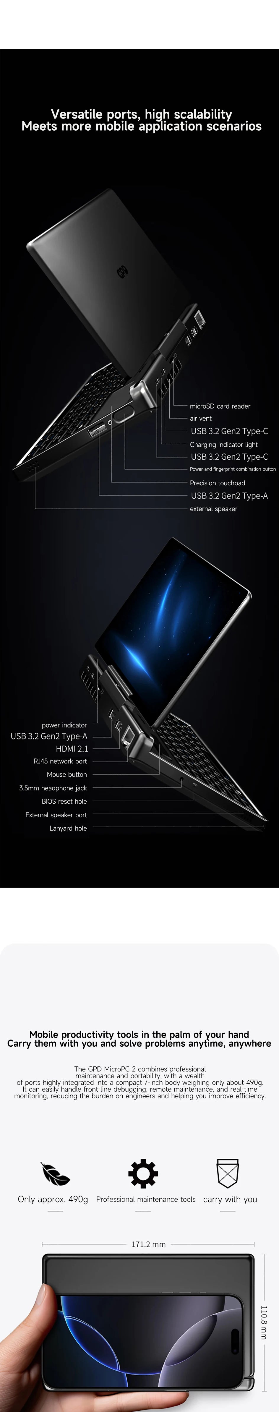 GPD MicroPC 2 2025 – 7" Pocket Laptop | Intel i3-N300 | 16GB DDR5 | Up to 4TB SSD | Touch | Wi-Fi 6 | Windows 11 Pro