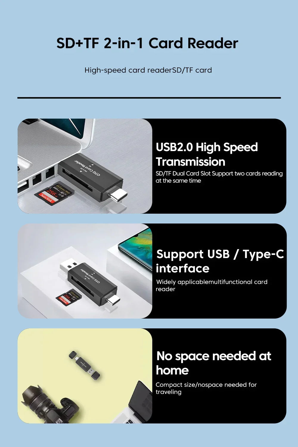 2-in-1 USB Card Reader Micro SD TF Memory Card Reader USB2.0 High Speed Transfer Cardreader Adapter For PC Laptop Accessories - Gadgets