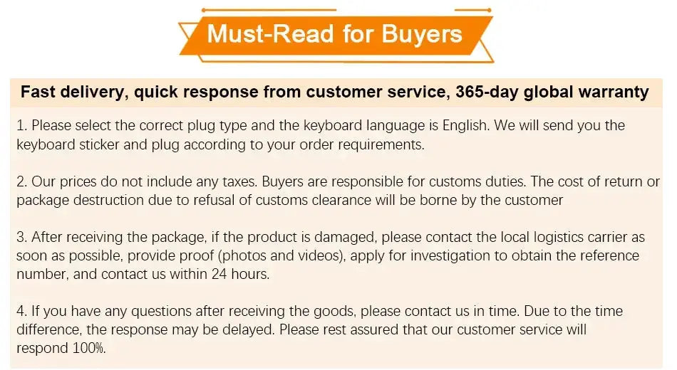 Laptops Must-Read for Buyers banner with fast delivery and 365-day global warranty; four policy bullets