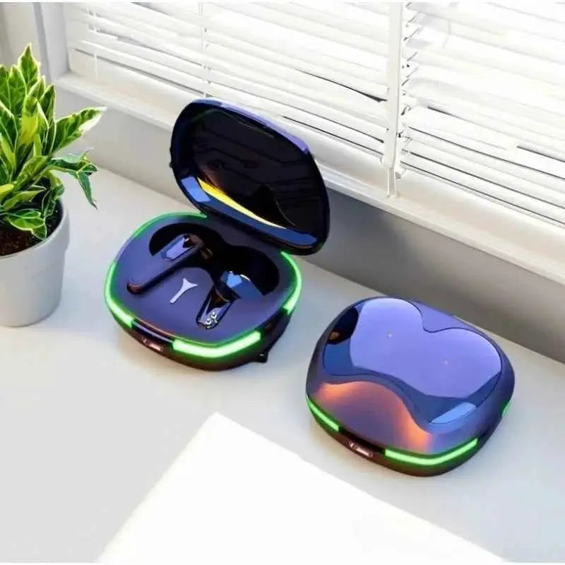 Pro60 ANC true wireless earbuds with two charging cases; iridescent purple/blue finish and green LED ring.
