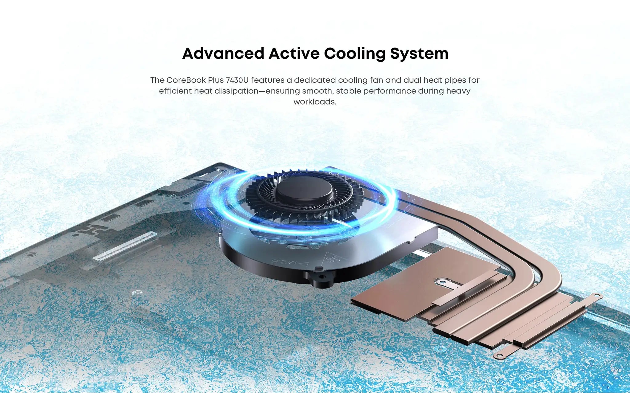 CHUWI CoreBook Plus 16-inch laptop cooling system with copper heatsink and blue-tinted fan