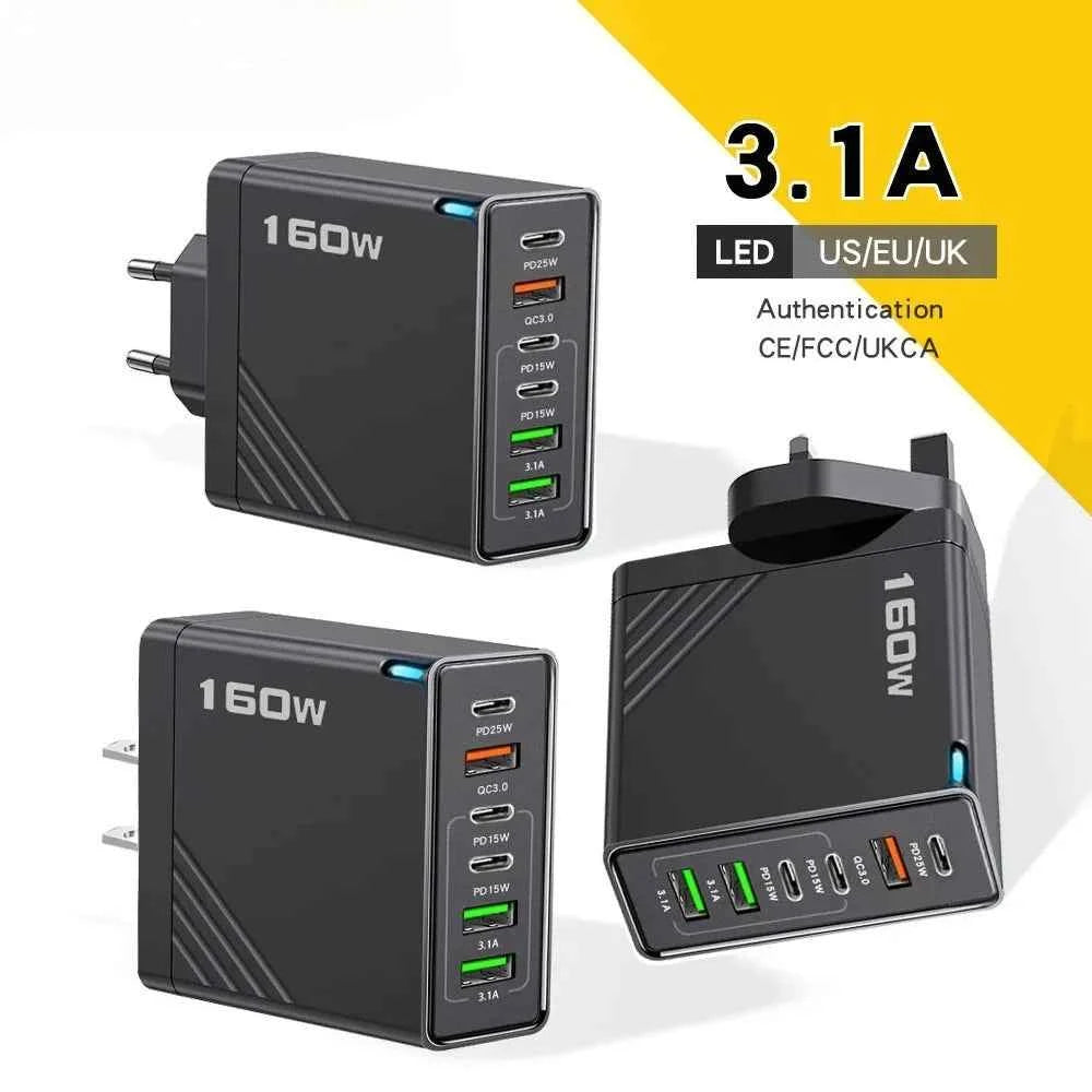 160W Multi Ports USB Charger Type C Fast Charging EU/US/UK Plug Wall Chargers 3PD 3USB Quick Charge 3.0 Universal Travel Adapter