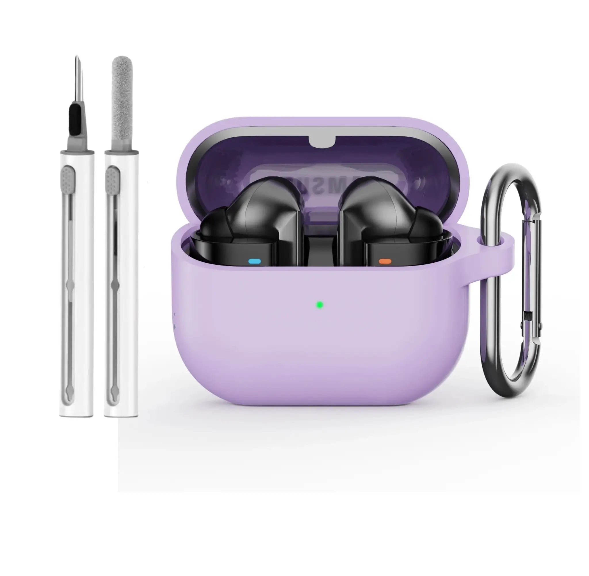 Samsung Galaxy Buds 3 silicone case in lavender with cleaning kit and two metal cleaning tools