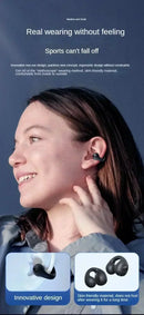 T75 Bluetooth 5.3 clip-on wireless earphones, black; two earbuds shown.