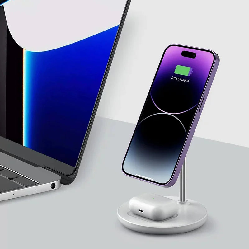JUNCHI Magnetic Wireless Charger Stand 15W 2 in 1 Phone Charging Station Dock