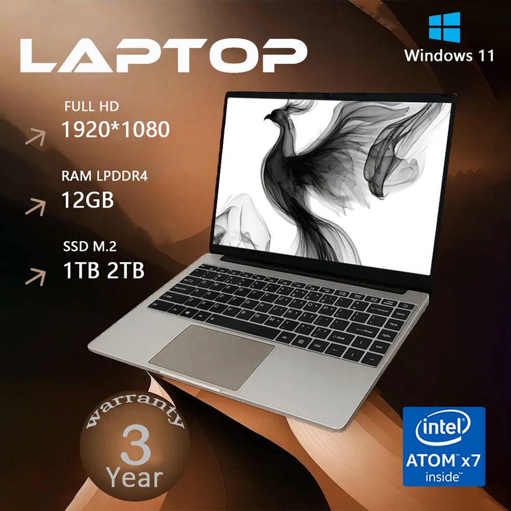 2025 Office Laptop Windows 11 Intel Atom x7 A3950 Notebook PC Gamer 12GB RAM 512GB 1TB SSD 1920*1080 Office Computer