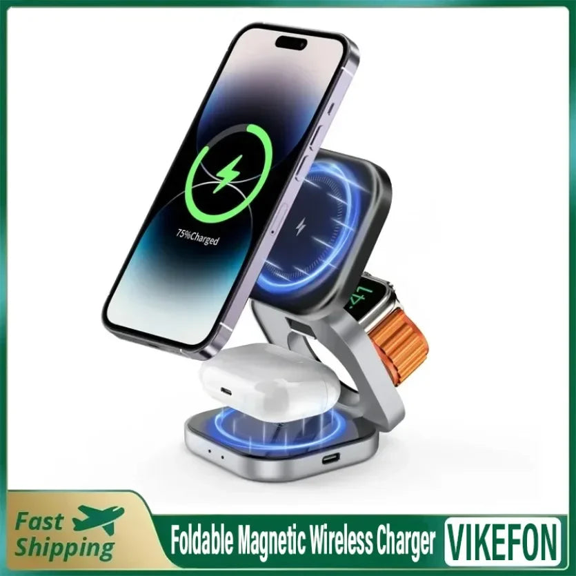 VIKEFON Magnetic Wireless Charger 3 In 1 Stand 15W Fast Charging Dock