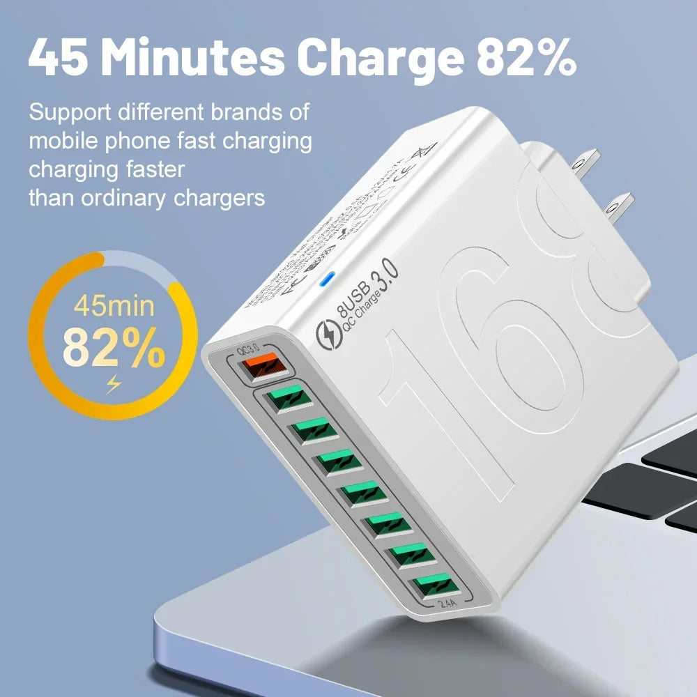 Total 150W 8 Ports USB Charger Fast Charging Phone Charger Adapter For iPhone Samsung Xiaomi 14 15 Quick Charge 3.0 Wall Charger