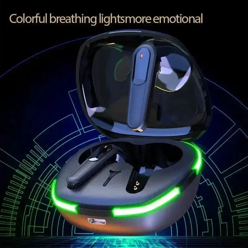Pro60 ANC True Wireless Earbuds by RyGadgets in blue with neon-green glowing charging case