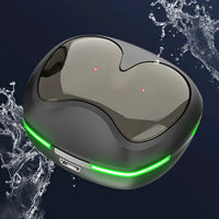 AI Translation Earbuds by Technova, gray in-ear headphones with a green LED-lit charging case.