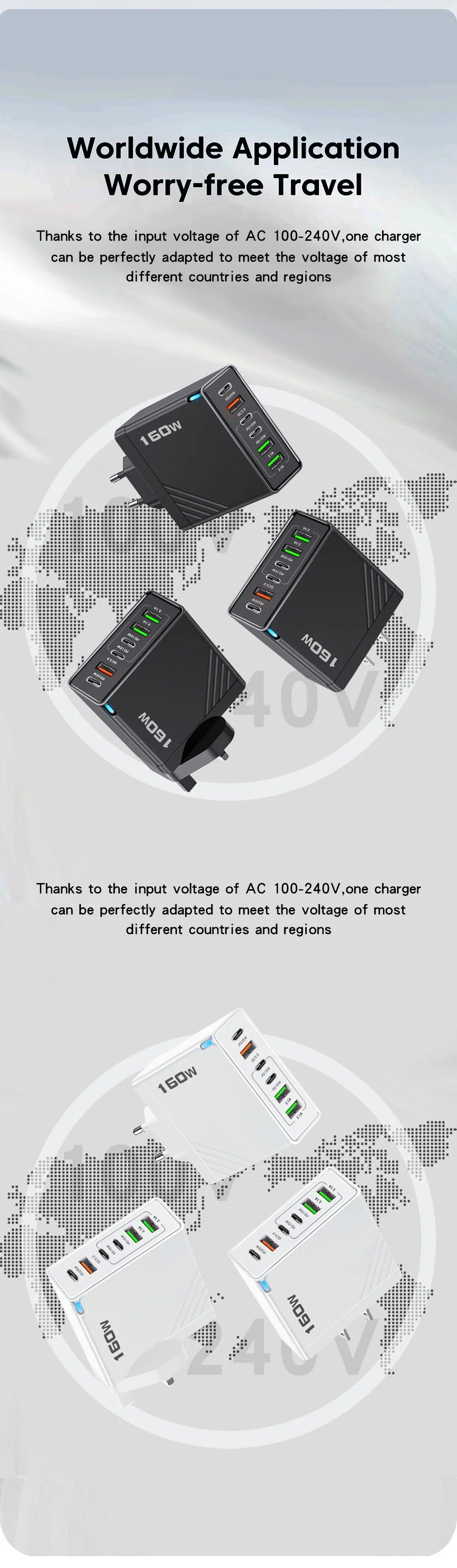 160W Multi Ports USB Charger Type C Fast Charging EU/US/UK Plug Wall Chargers 3PD 3USB Quick Charge 3.0 Universal Travel Adapter