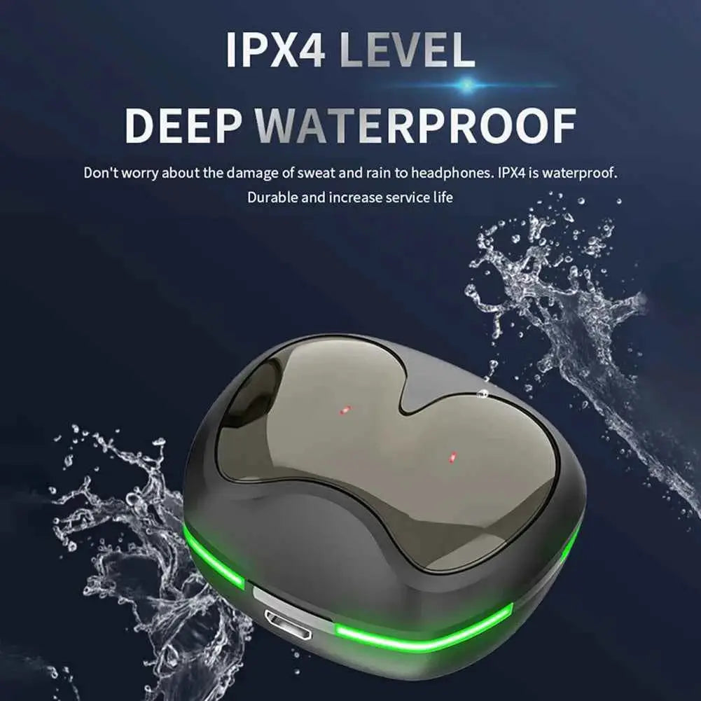 AI Translation Earbuds charging case by Technova, black-gray with green LED ring, IPX4 waterproof