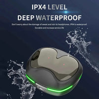AI Translation Earbuds charging case by Technova, black-gray with green LED ring, IPX4 waterproof