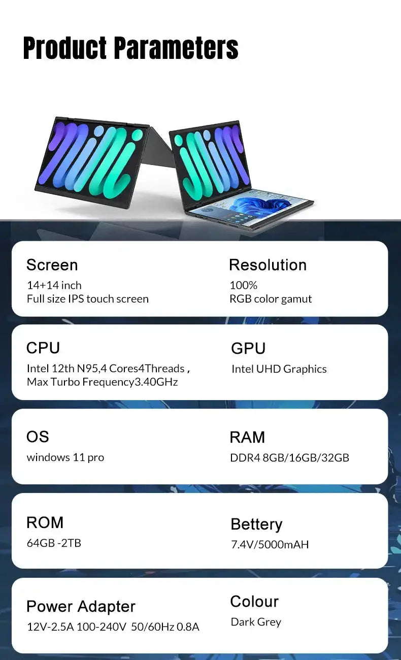 CRELANDER Dual-Screen Laptop by RY Gadgets, 14+14-inch 2K touchscreens, 2-in-1 360° flip, Intel N95/N100