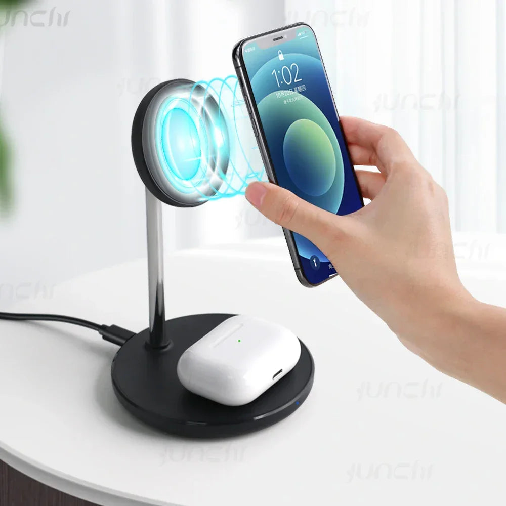 JUNCHI Magnetic Wireless Charger Stand 15W 2 in 1 Phone Charging Station Dock - Gadgets