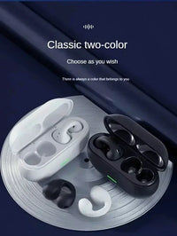 T75 Bluetooth 5.3 clip-on wireless earphones with white and black two-tone charging cases (two cases shown).