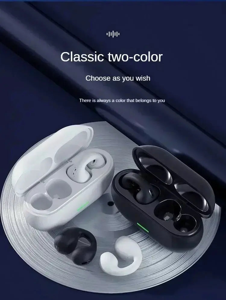 T75 Bluetooth 5.3 clip-on wireless earphones with white and black two-tone charging cases (two cases shown).