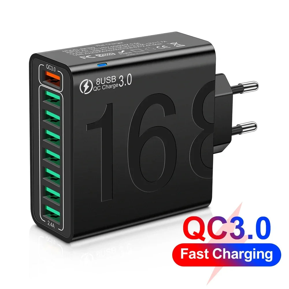 Total 150W 8 Ports USB Charger Fast Charging Phone Charger Adapter For iPhone Samsung Xiaomi 14 15 Quick Charge 3.0 Wall Charger