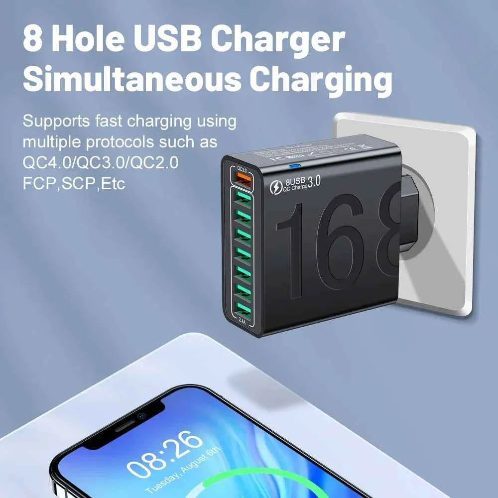 Total 150W 8 Ports USB Charger Fast Charging Phone Charger Adapter For iPhone Samsung Xiaomi 14 15 Quick Charge 3.0 Wall Charger