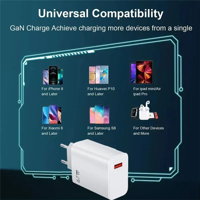 67W USB C Fast Charger Quick Charging Charger QC 3.0 USB Charger Adapter With Type C Charging Cable EU US UK Wall Power Adapter