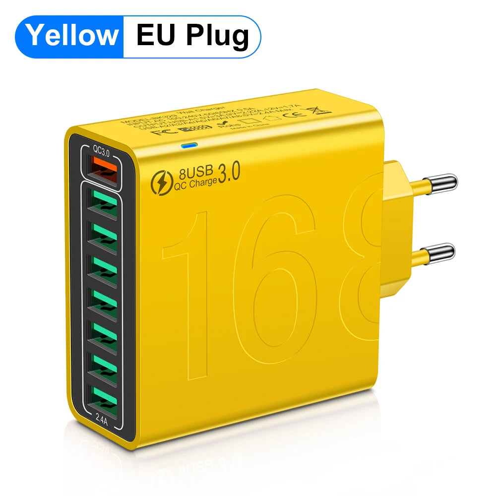 Total 150W 8 Ports USB Charger Fast Charging Phone Charger Adapter For iPhone Samsung Xiaomi 14 15 Quick Charge 3.0 Wall Charger