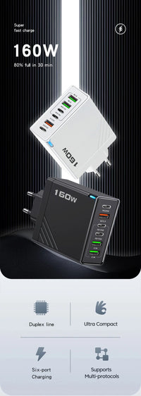 160W Multi Ports USB Charger Type C Fast Charging EU/US/UK Plug Wall Chargers 3PD 3USB Quick Charge 3.0 Universal Travel Adapter